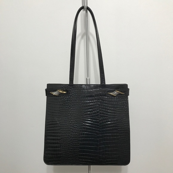 Vicenza Croc-Embossed Black Leather Shoulder Bag